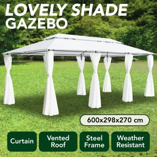 vidaXL Lawn & Garden* Gazebo With Curtains 236.2"X117.3"X106.3" White 0.6 Oz/Ft²