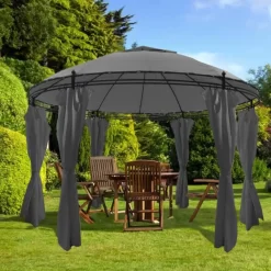 vidaXL Lawn & Garden* Gazebo With Curtains Round 11.5'X8.9' Anthracite