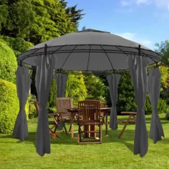 vidaXL Lawn & Garden* Gazebo With Curtains Round 11.5'X8.9' Anthracite