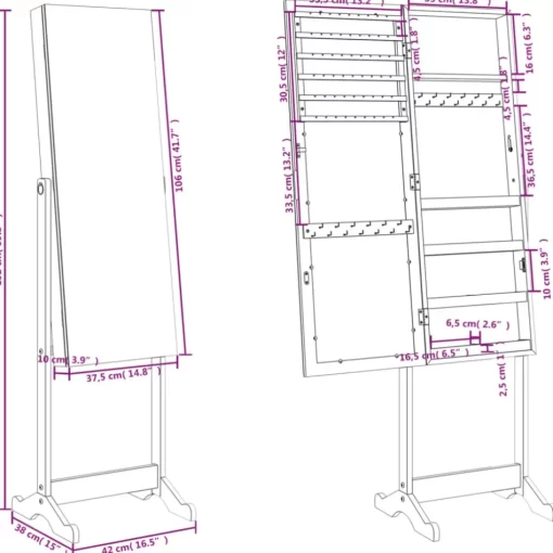 vidaXL Decor* Mirror Jewellery Cabinet Free Standing White 16.5"X15"X59.8"