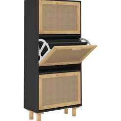 vidaXL Household Supplies* Shoe Cabinet Black 20.5"X9.8"X45.3" Engineered Wood&Natural Rattan