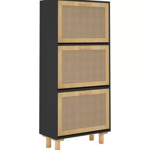 vidaXL Household Supplies* Shoe Cabinet Black 20.5"X9.8"X45.3" Engineered Wood&Natural Rattan