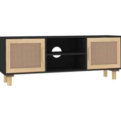 vidaXL Tv Benches & Tv Stands* Tv Stand Black 41.3"X11.8"X15.7" Solid Wood Pine&Natural Rattan